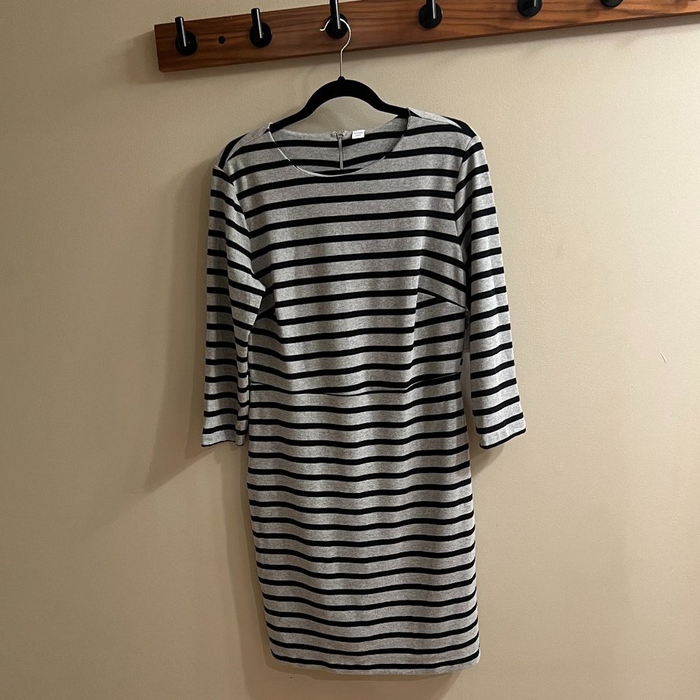 Longsleeve knit dress, new with tag, fitted waist, gray w/black stripes, size L